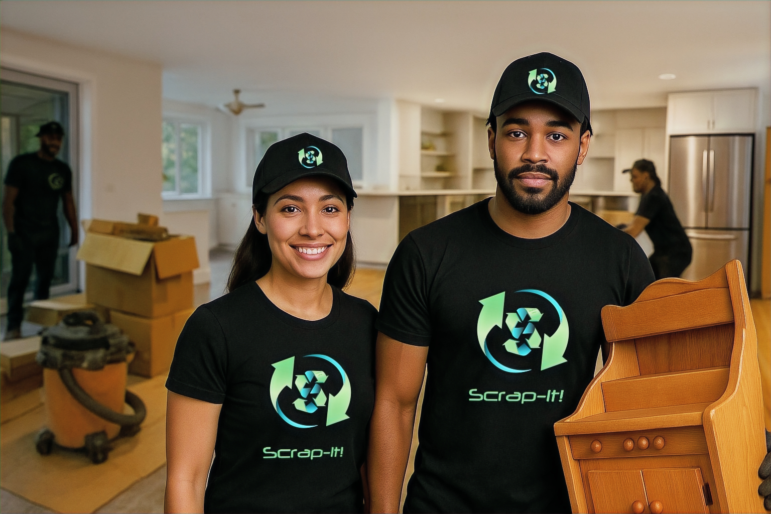 Scrap-It! crew unloading a customer's donated boxes