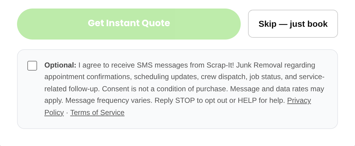 The optional, unchecked SMS consent checkbox on the scrapit.io booking form, with links to the Privacy Policy and Terms of Service